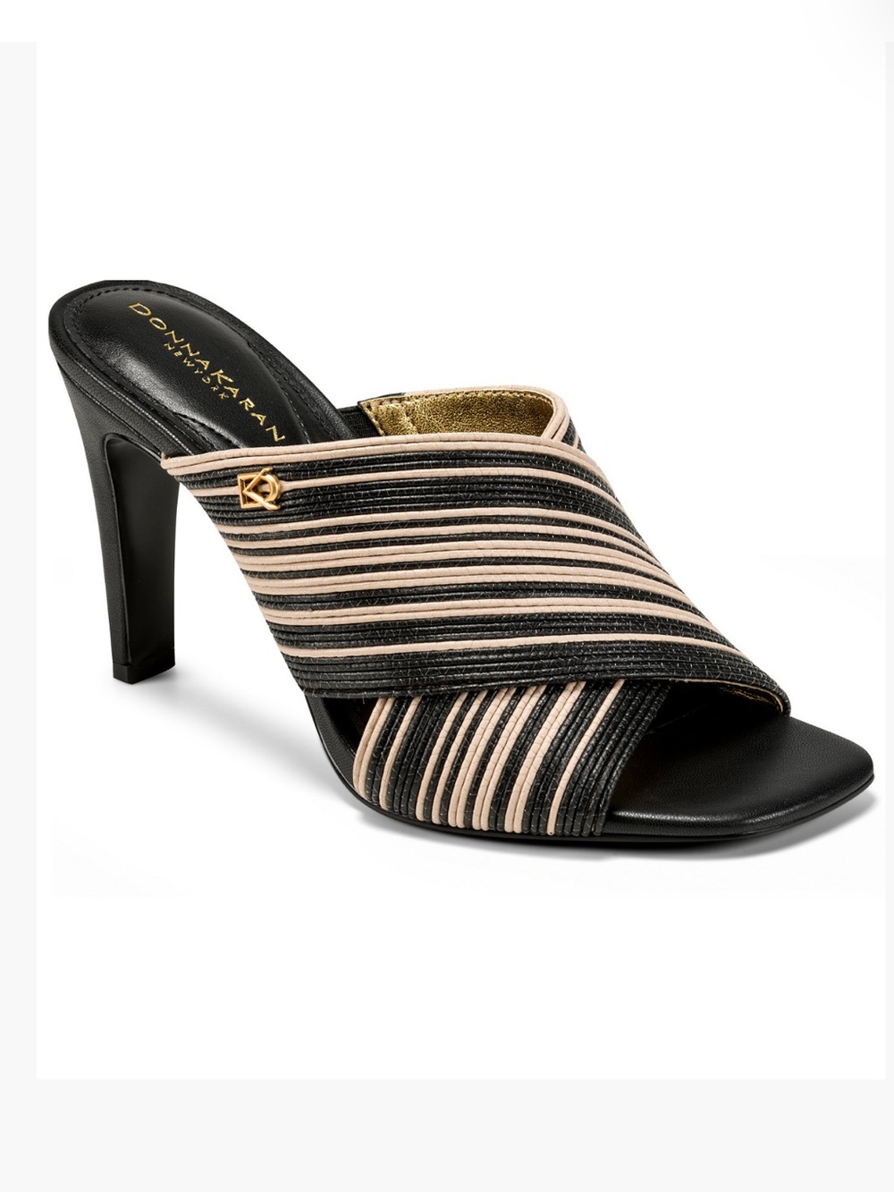 Donna Karan Black and Beige Striped Cross-Band Heel Mule with Gold Logo